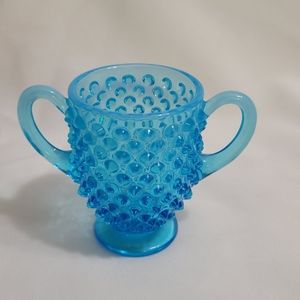 Vtg 1950s Fenton Aqua Opalescent Hobknob Petite Dbl Handled Sugar Bowl Footed